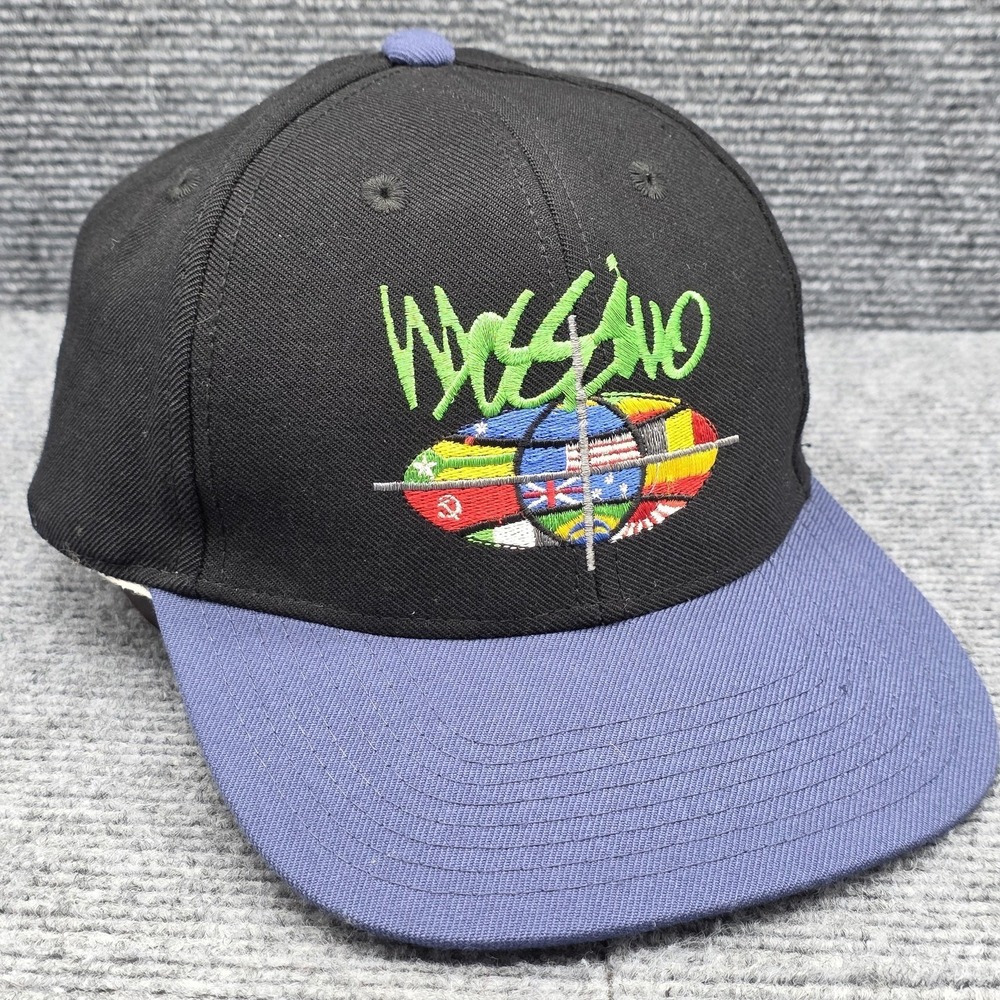 VINTAGE Mossimo Hat Cap Snap Back Black Blue Embroidered World Flags Mens 90s‎